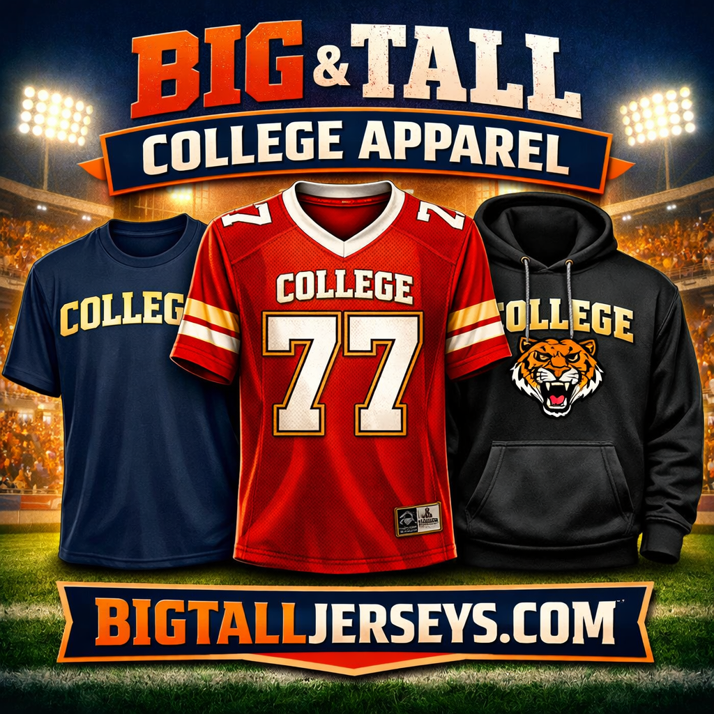 Big and Tall College Apparel graphic featuring a navy T‑shirt, red football jersey, and black hoodie with “BIGTALLJERSEYS.COM” displayed at the bottom against a stadium background.