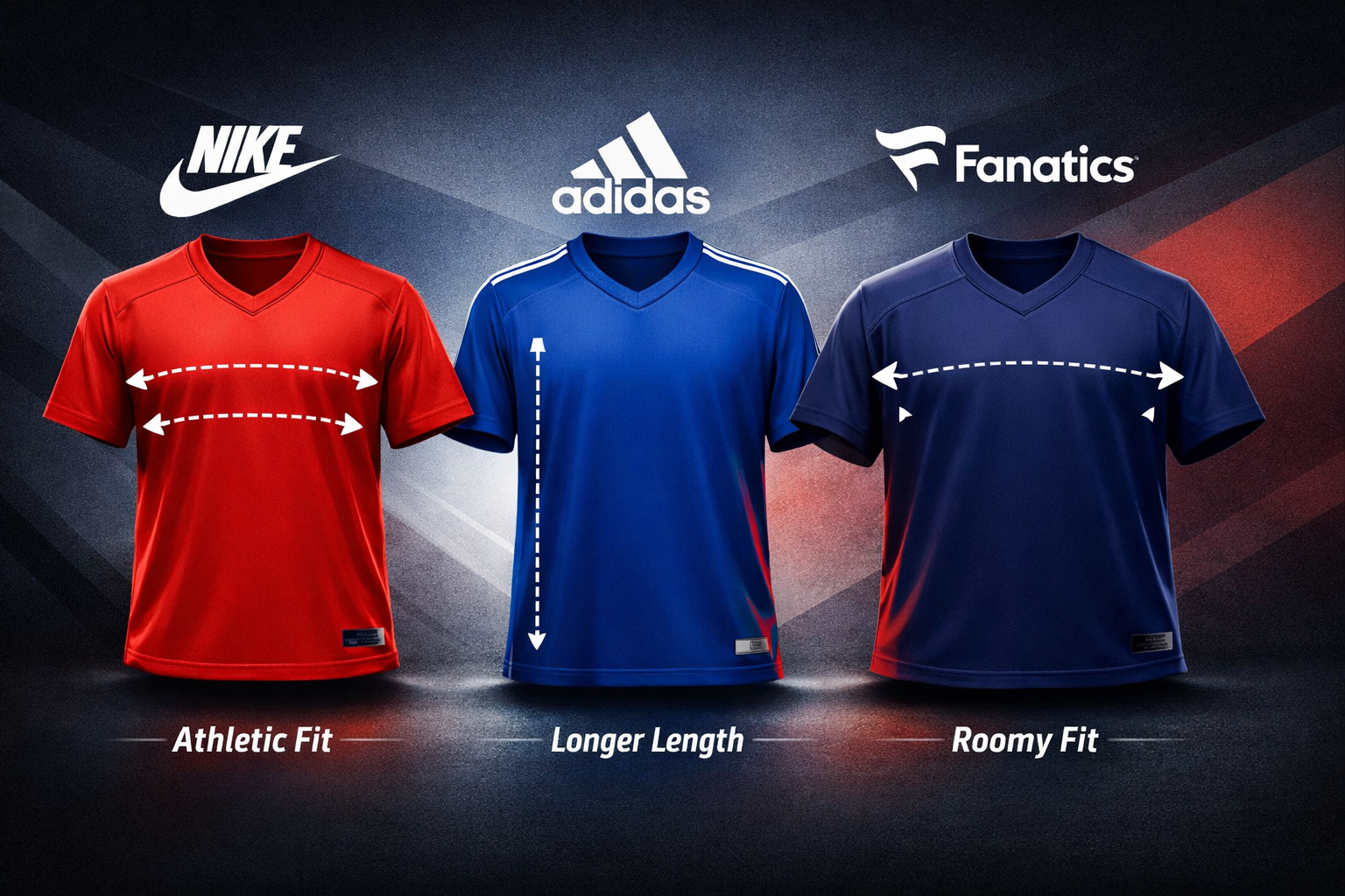 Side‑by‑side comparison of Nike, Adidas, and Fanatics jerseys showing athletic, long, and roomy fits for big and tall shoppers.