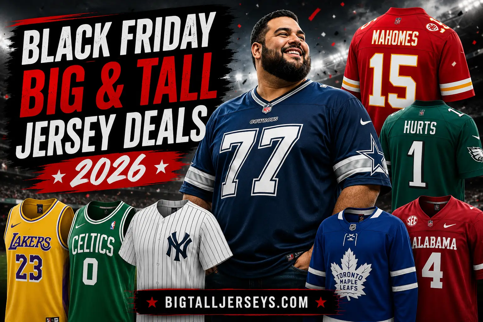 Black Friday 2026 big and tall sports jersey deals featuring NFL, NBA, MLB, NHL and NCAA apparel in extended sizes